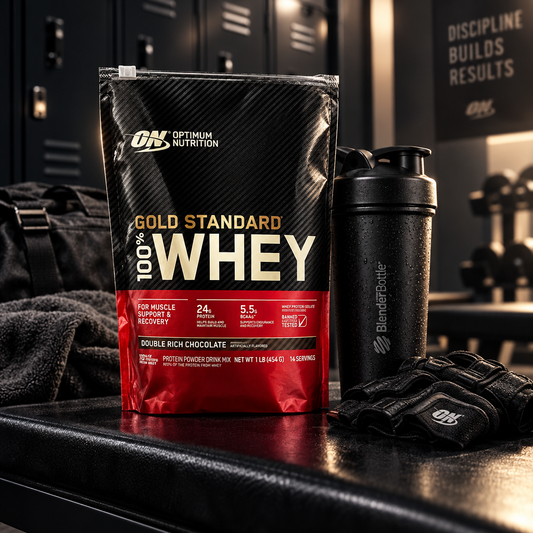 Optimum Nutrition Gold Standard 100% Whey Double Rich Chocolate on gym bench with shaker bottle and gloves
